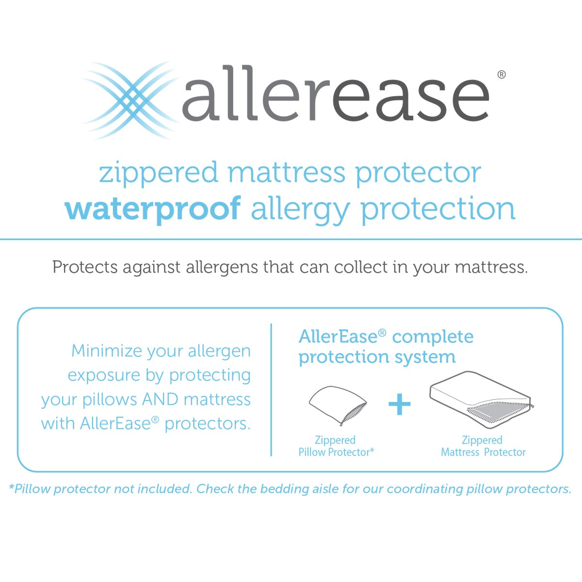 Allerease Waterproof Zippered Pillow Protector, Standard/Queen 