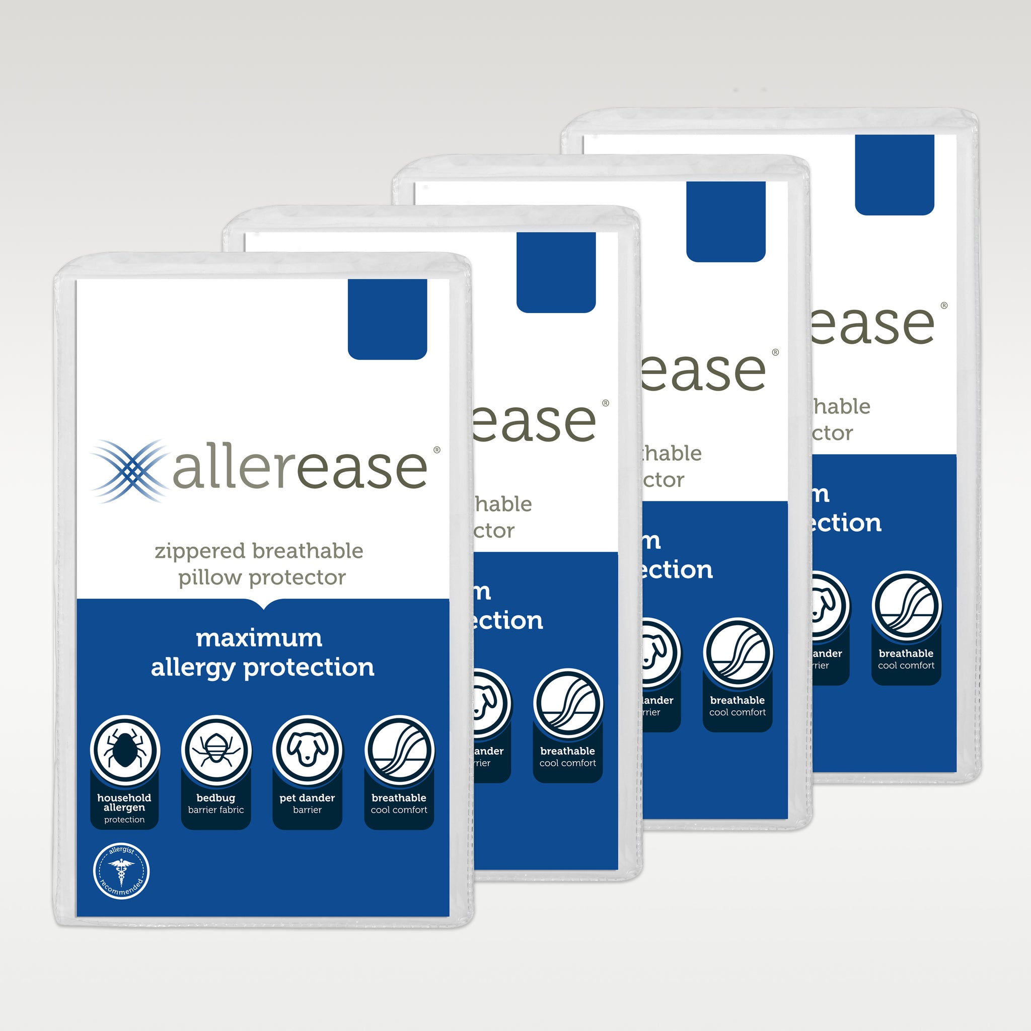 Aller-Ease Federe Protettive Antiacaro – Standard/Queen, Confezione Da 4, Con Cerniera, Lavabili In Acqua Calda, Bloccano Polline E Peli, Garanzia A Vita